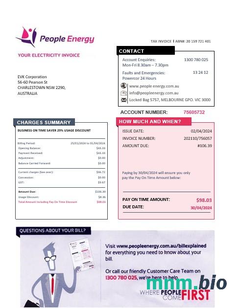 Australia People Energy electricity rachunek za usługi komunalne szablon w formacie Word i PDF